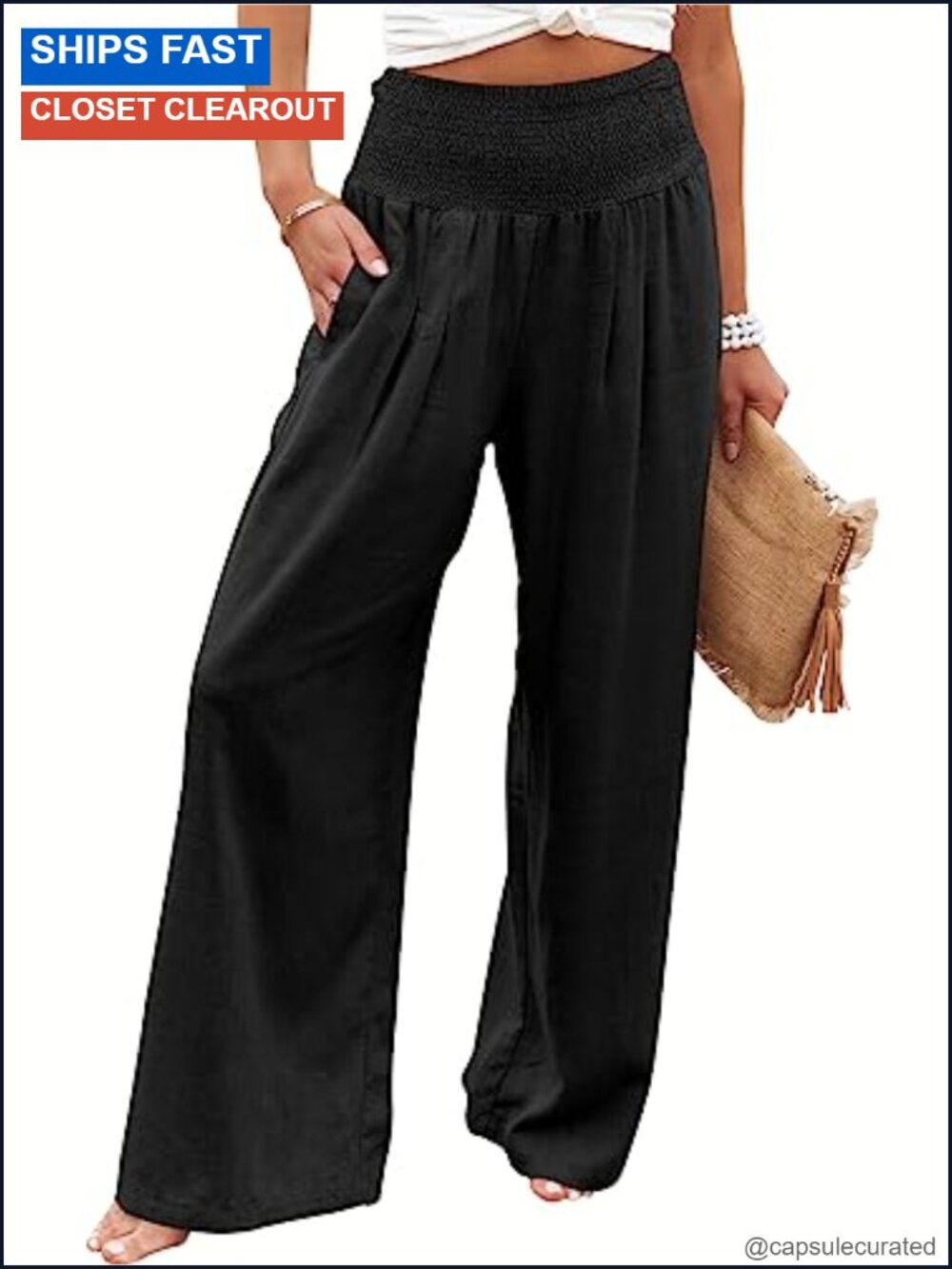 Linen Palazzo Wide Leg Pants High Waist Pockets Loose Fit Lounge Beach